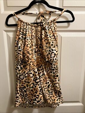 Halter Leopard Print Tankini top Swimsuit in Tan